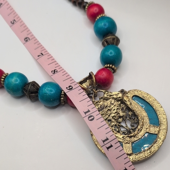 Blue and Red Necklace with Beads and Circular Pendant - Picture 5 of 5